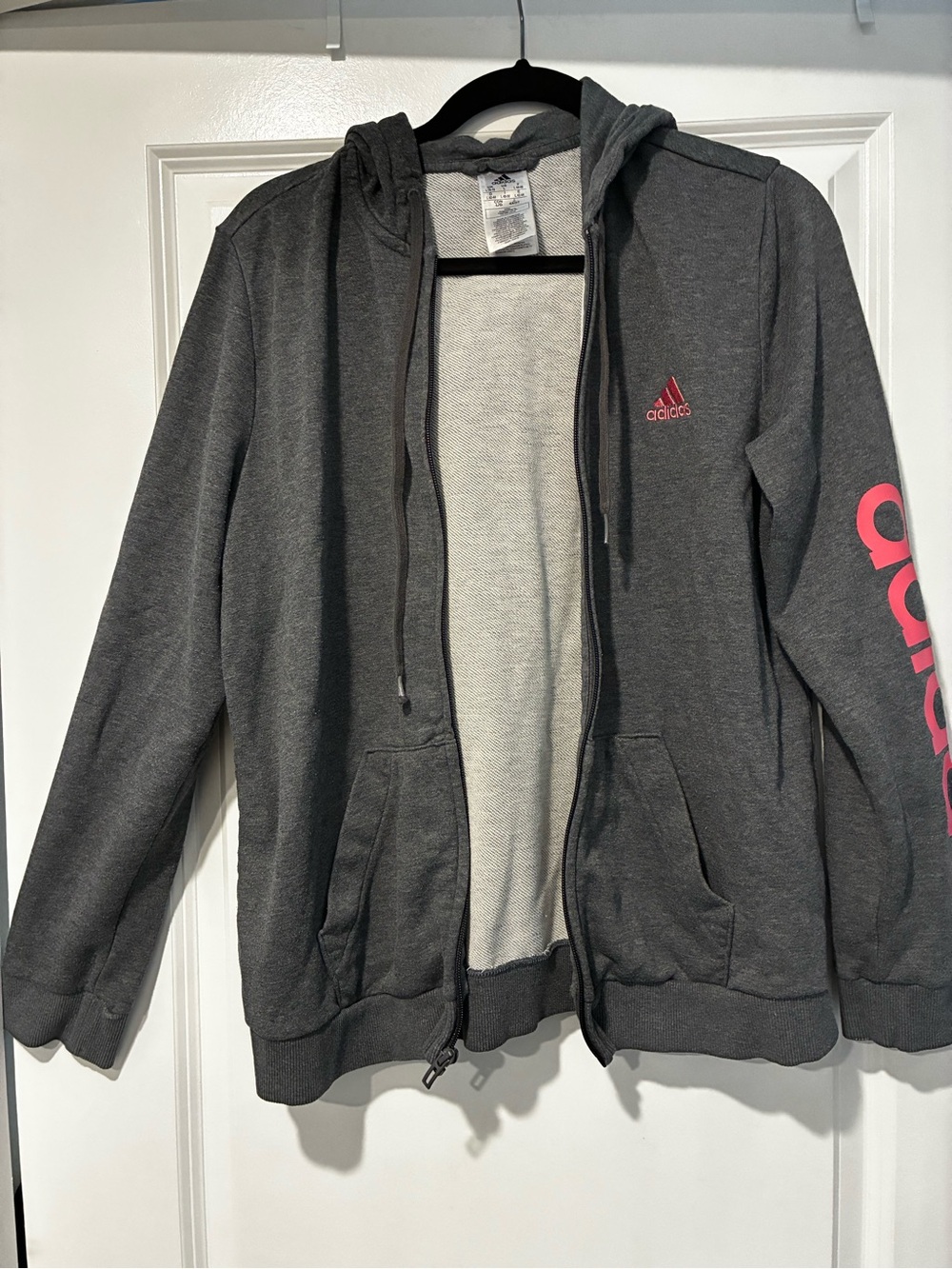 Adidas Women’s Dark Gray Full-Zip Hoodie with Pink Logo-Size L
